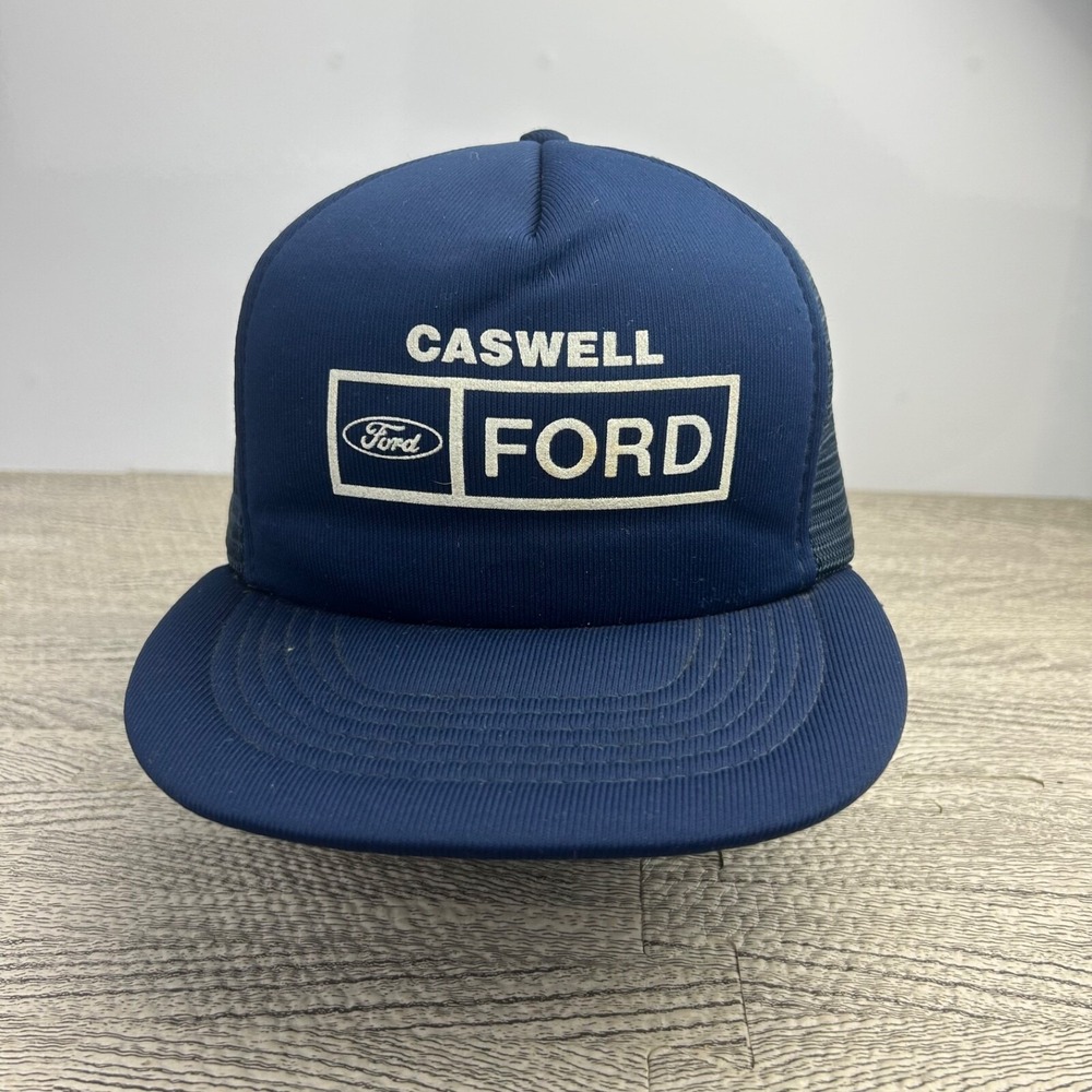 Vintage 90s Ford Caswell Trucker Hat Cap Snap Back Adjustable Navy Blue Logo Car